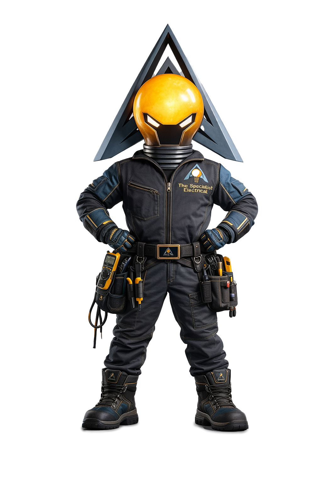 A costumed figure with a yellow bulbous head, a large triangular headpiece, and a navy jumpsuit with utility pouches.
