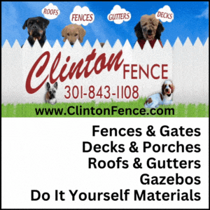 Clinton Fence ad with dogs, red logo, phone number, website, and services list on white background