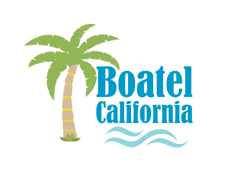 Boatel California logo with a green palm tree, blue text, and light blue waves