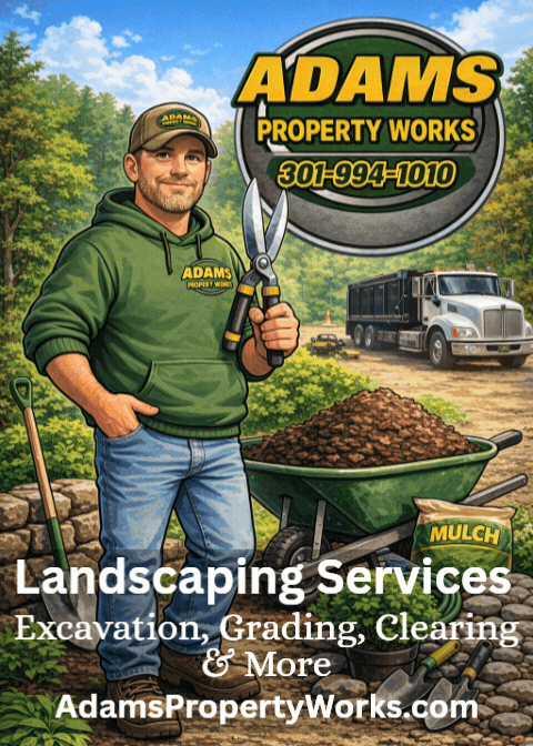 Adams Property Works landscaping ad with worker, mower, mulch pile, truck, and service list.