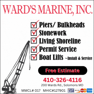 Ward’s Marine, Inc. ad with crane graphic, service checklist, free estimate, and phone number 410-326-4116