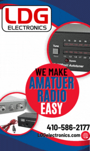 LDG Electronics ad with red logo and slogan “We Make Amateur Radio Easy,” plus phone number and website