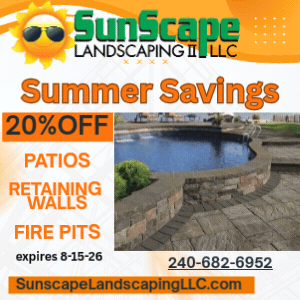 SunScape Landscaping summer savings ad for patios, retaining walls, and fire pits, with pond and contact info