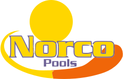 Norco Pools logo with yellow sun and blue-and-orange text over a curved orange swoosh