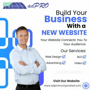Website promotion graphic with smiling man, blue accents, and services like web design, SEO, advertising, and video.
