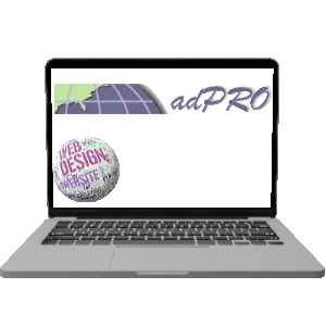 animated computer screen with adpro logo and bouncing web design ball and call now.