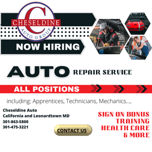 Cheseldine Auto Group hiring ad for auto repair service, all positions, benefits, contact info, red and black design