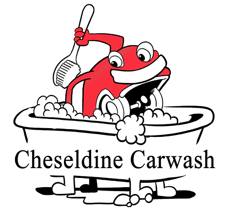 Cartoon red car being washed with soap bubbles and a brush, labeled “Cheseldine Carwash”