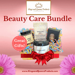 Beauty Care Bundle gift set with cosmetics, red bow, and “Great Gifts!” badge on a pink background