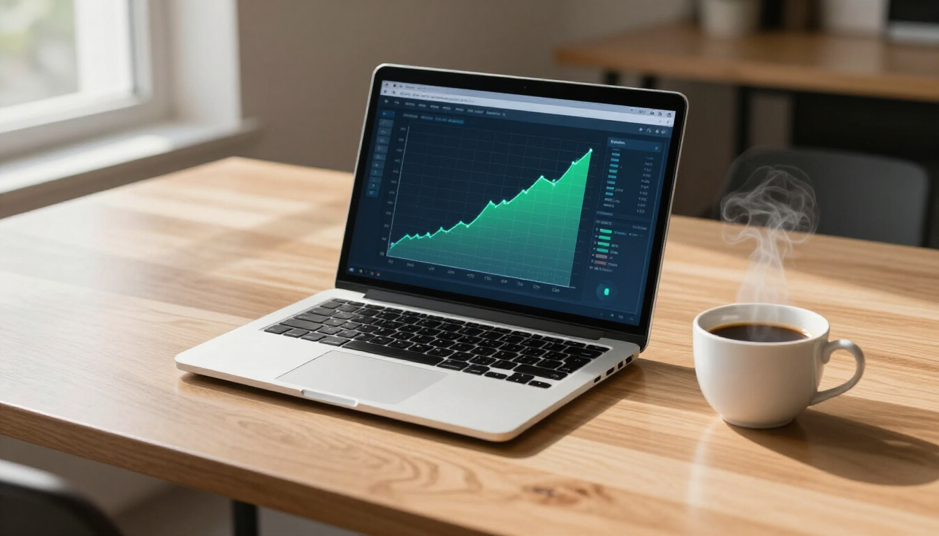 photorealistic modern office desk with a laptop displaying a growth chart and a cup of coffee natural lighting