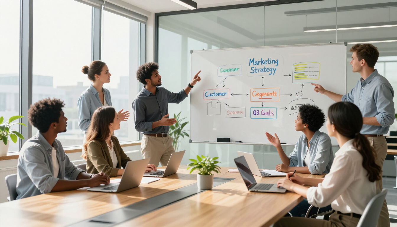 photorealistic team of professionals in a bright modern boardroom discussing marketing strategy on a whiteboard