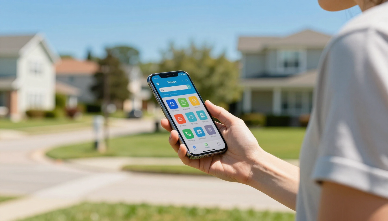 photorealistic close up of a person using a smartphone to search for local services outdoors in a sunny suburban area