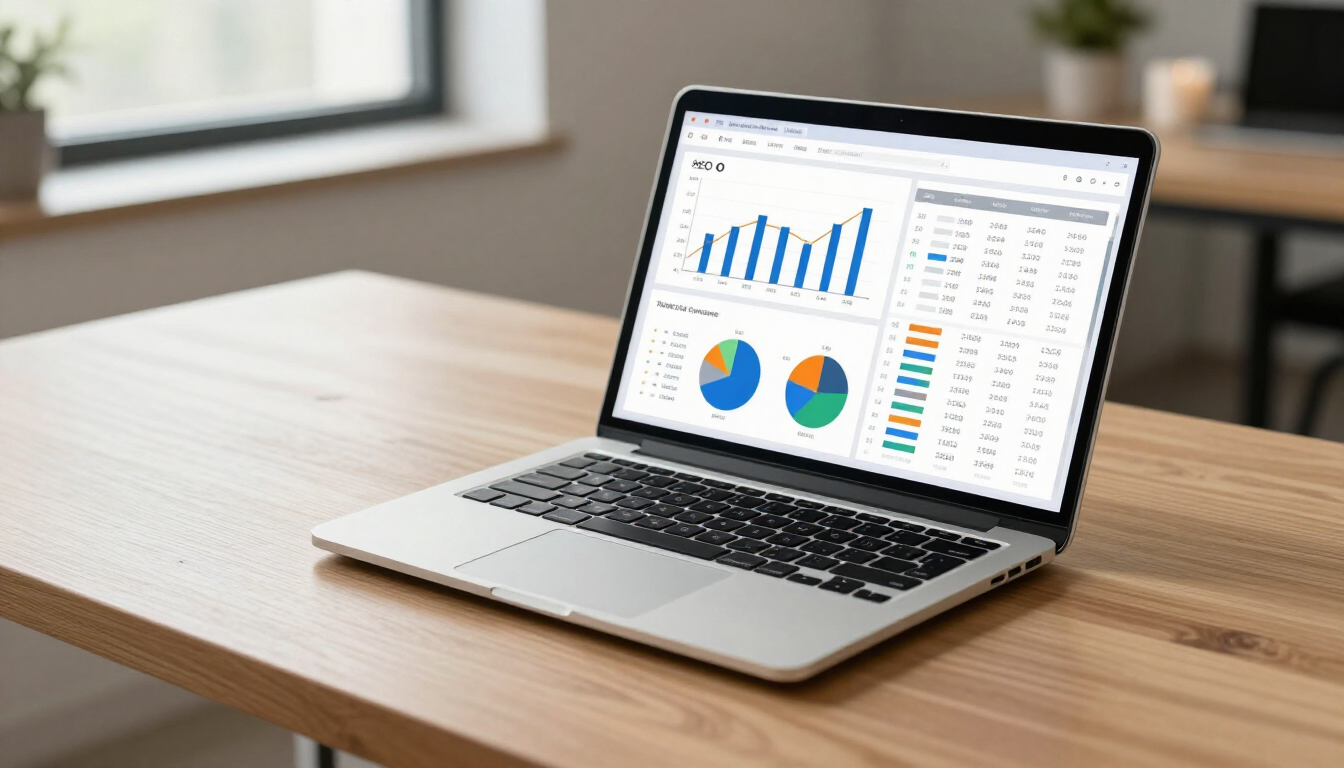 A laptop showing SEO analytics and search engine results on a desk.