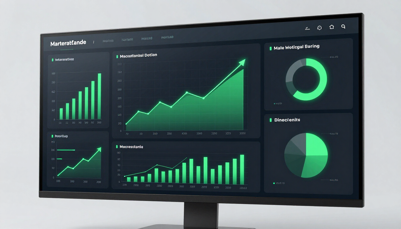 photorealistic high-tech digital marketing dashboard with rising green charts and graphs symbolizing growth and success