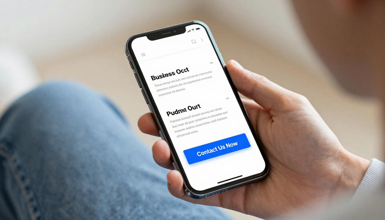 photorealistic smartphone held by a person showing a mobile optimized landing page for a local service business with a large call to action button