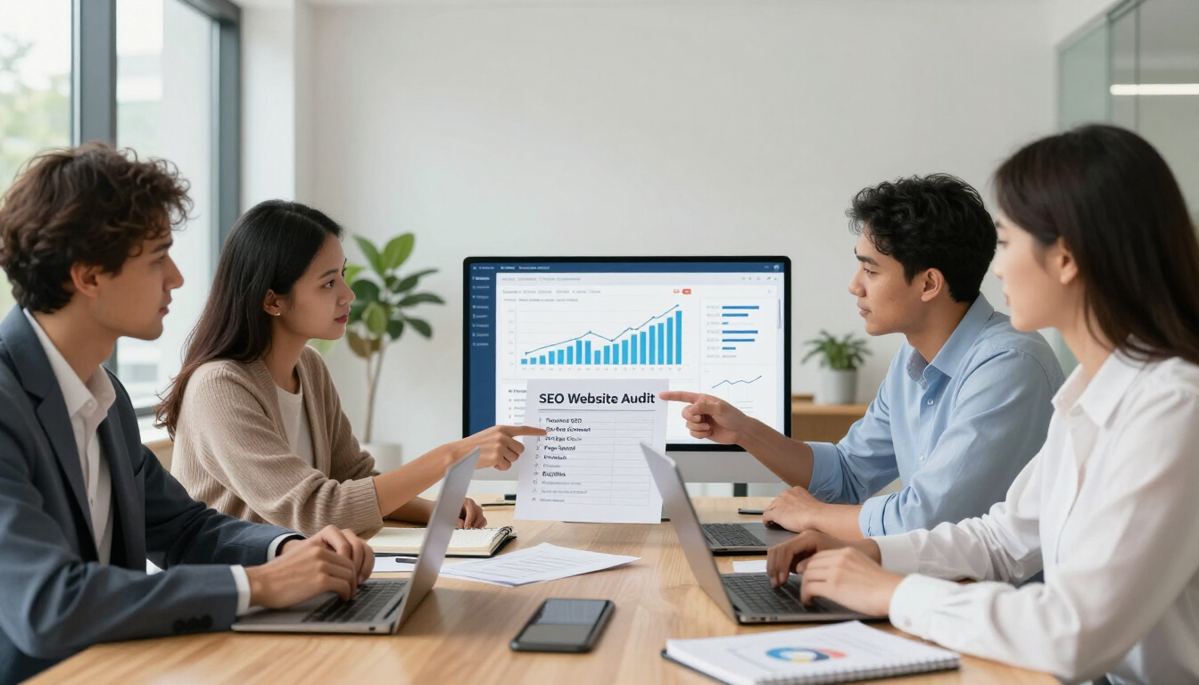 SEO strategy planning session with a website audit checklist and analytics dashboard