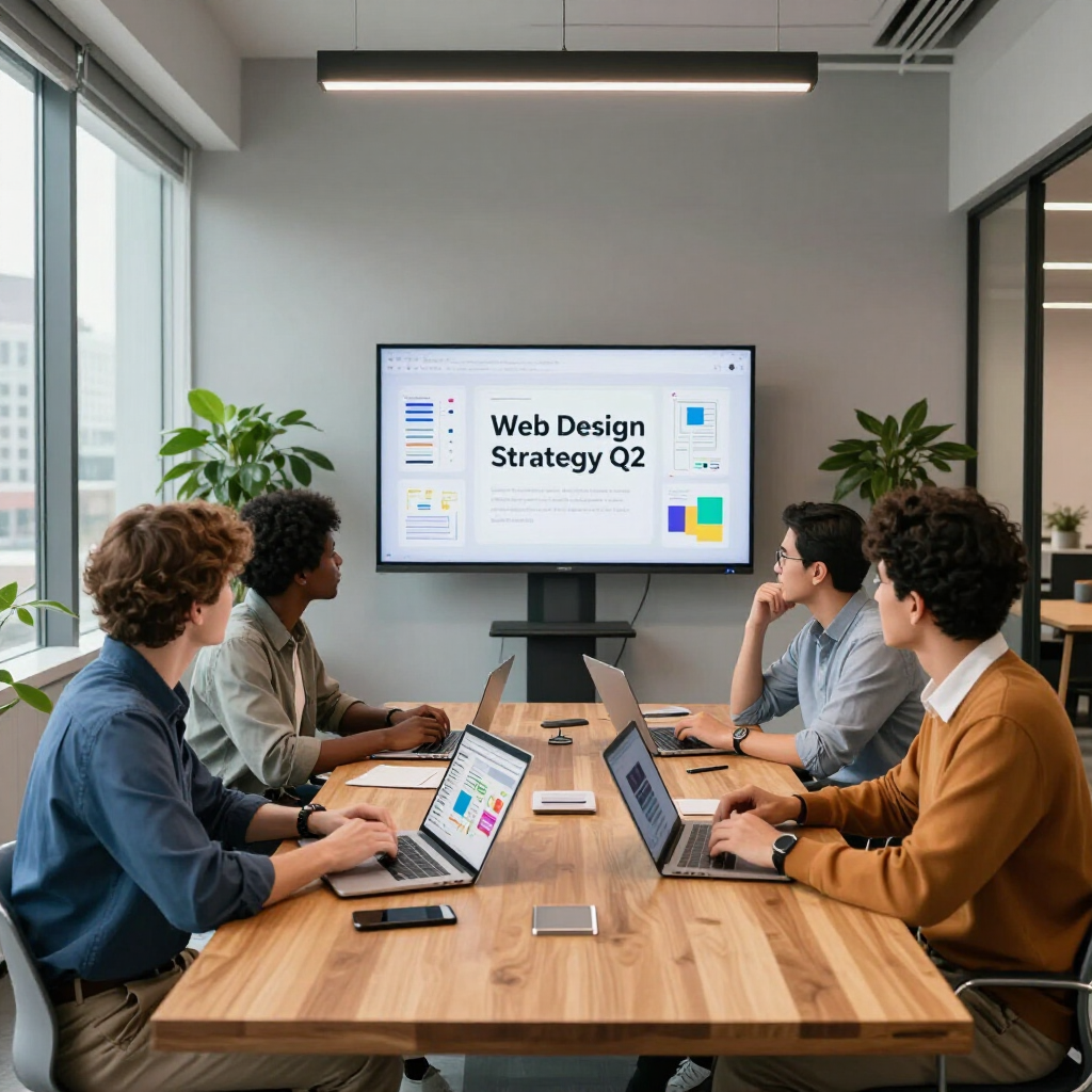 Team in a meeting room reviewing a web design strategy on a large screen