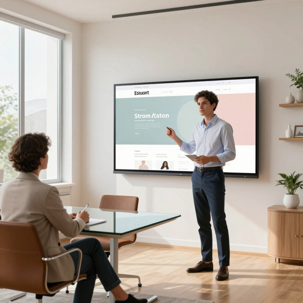 Presenter giving a slide deck in a bright modern meeting room while one person listens at a table