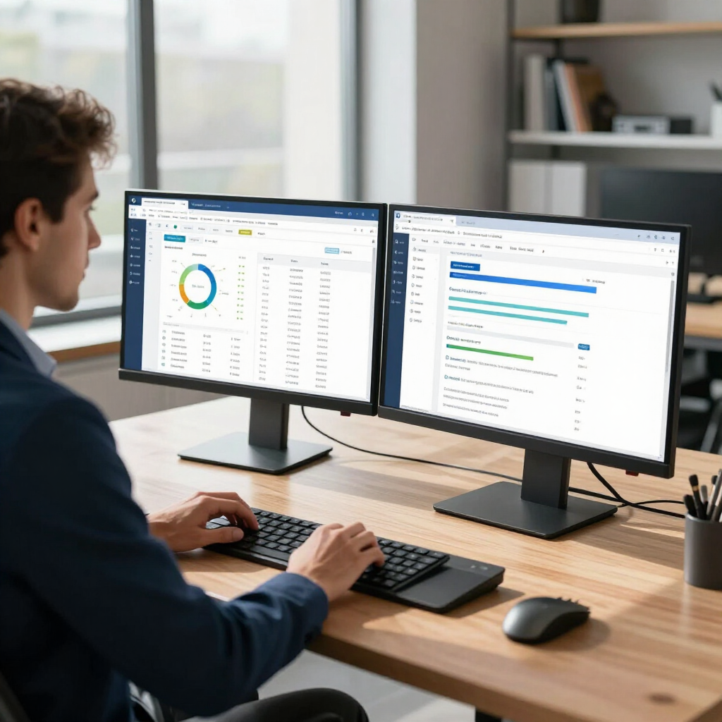 Person using a desktop computer with dual monitors showing analytics dashboards in a modern office