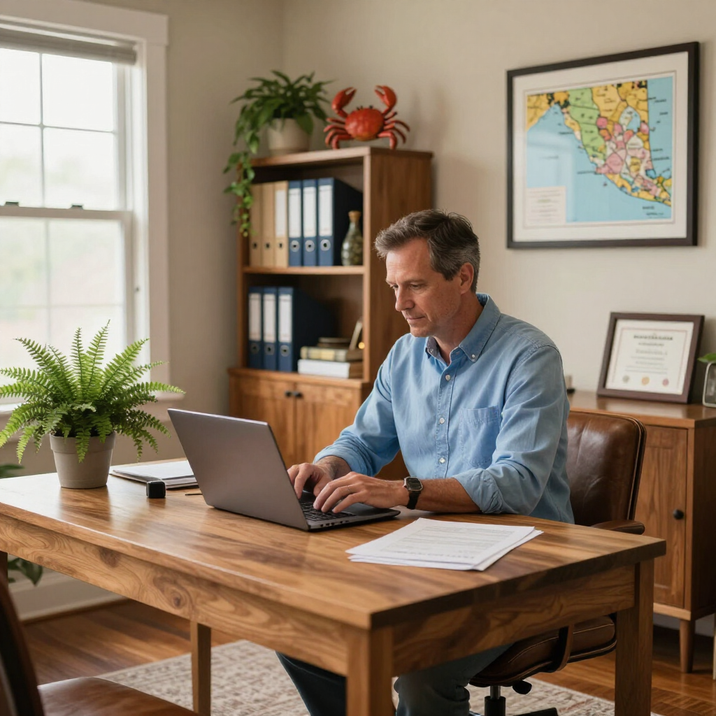 Man working on a laptop at a wooden desk in a bright home office with plants and shelves
