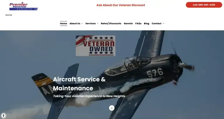 Vintage airplane in flight over a website homepage for aircraft service and maintenance