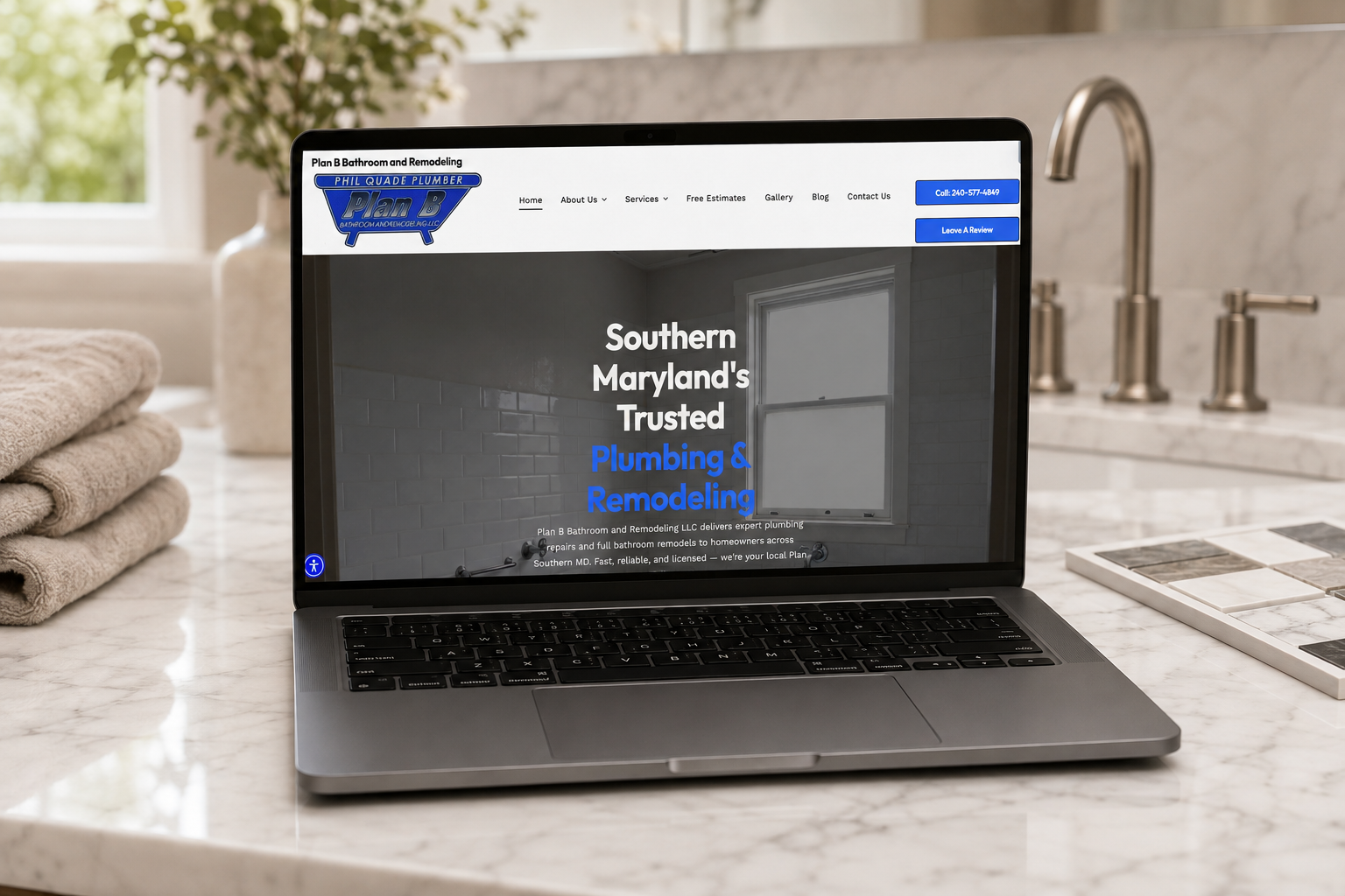 Homepage for Southern Maryland luxury remodeling and design services, with interior photo and call-to-action buttons