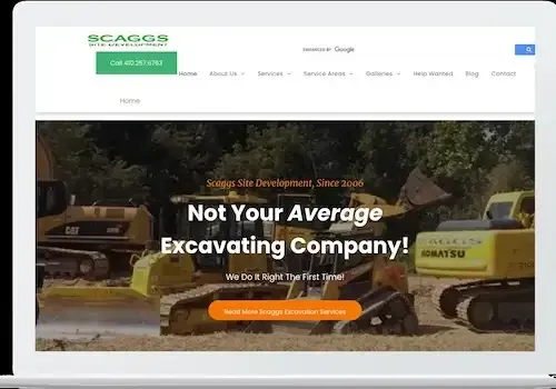 Excavation company website homepage with a truck hero banner and “Not Your Average Excavating Company!” headline