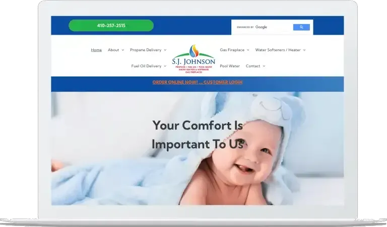 Baby on a blue blanket with headline “Your Comfort Is Important To Us” on a medical website homepage