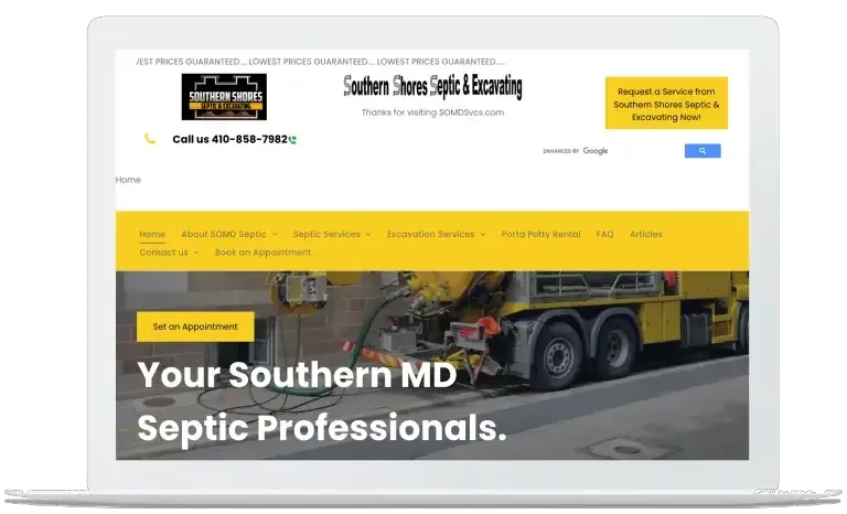 Laptop displaying a septic services website with yellow truck and bold text, “Your Southern MD Septic Professionals.”
