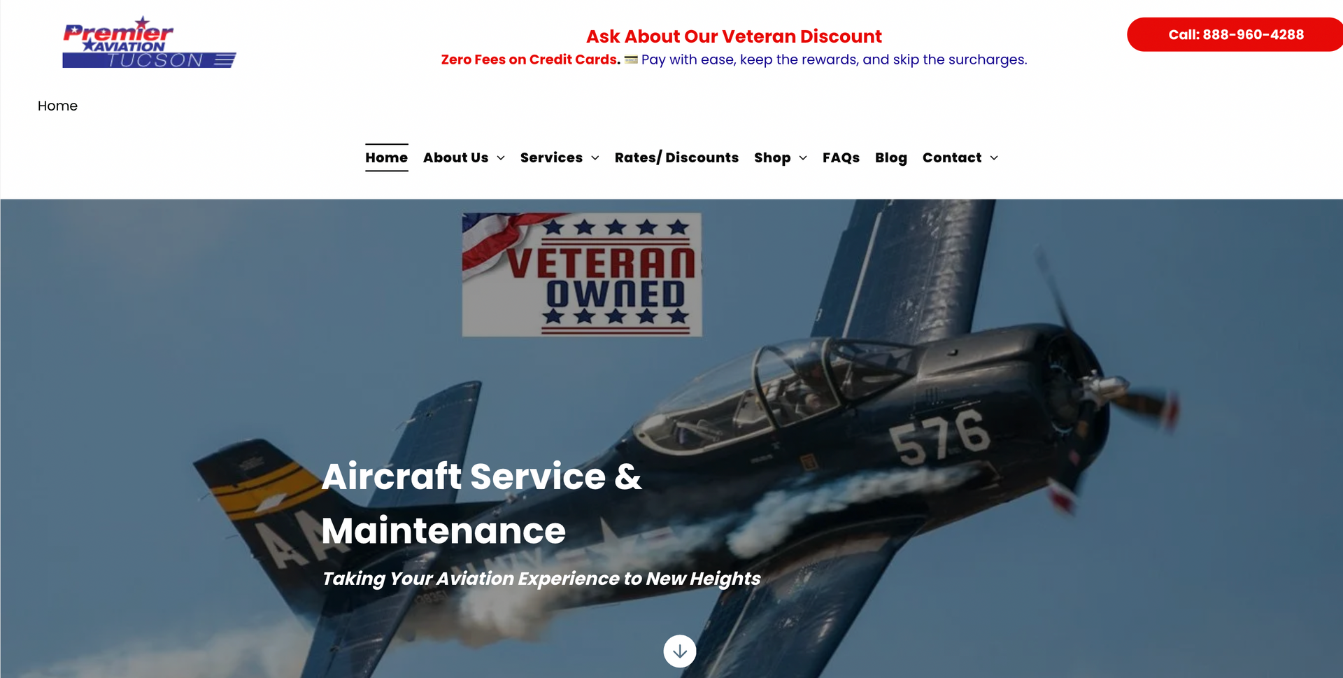 Aircraft Service & Maintenance webpage hero showing a vintage fighter plane in flight over a cloudy sky