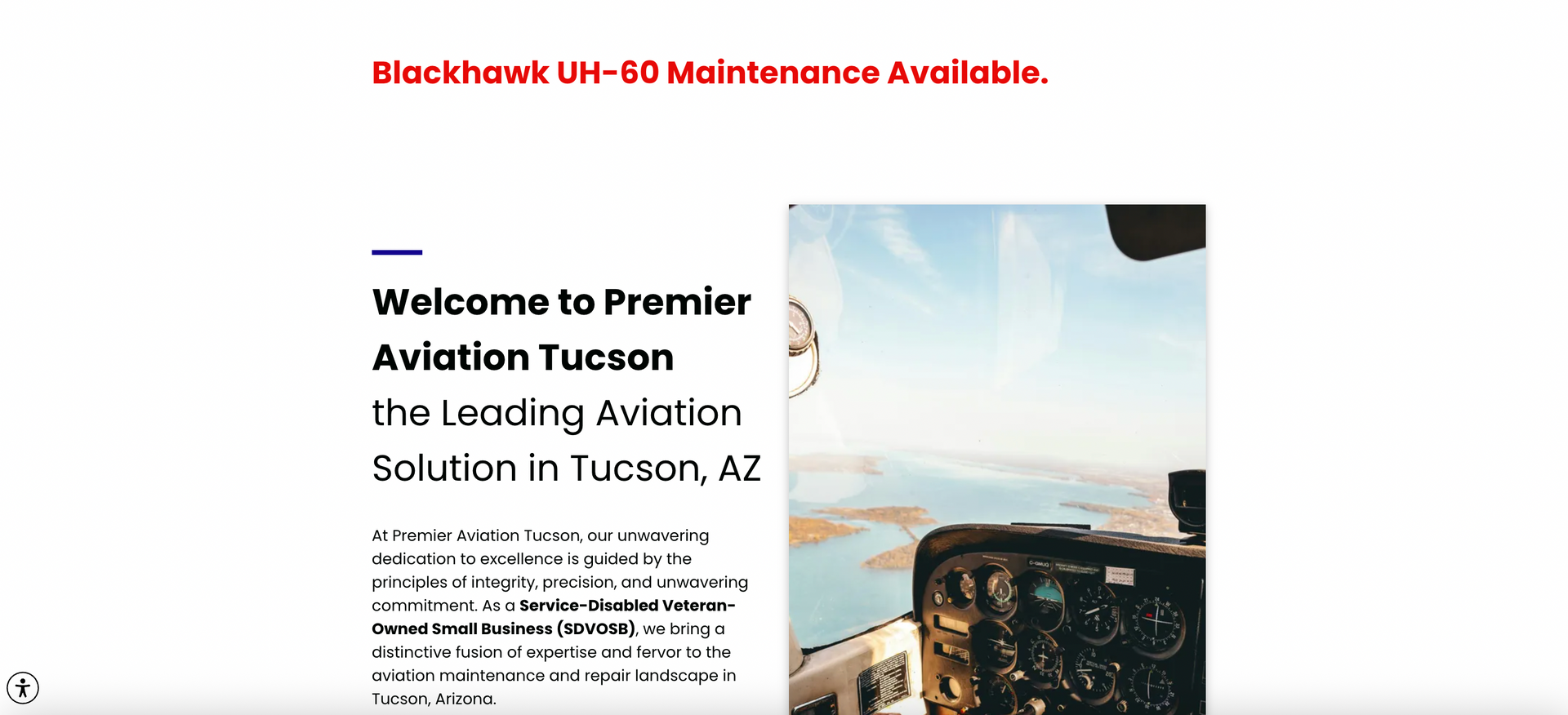 Aviation website homepage with airplane cockpit photo and text about flight training in Tucson, Arizona