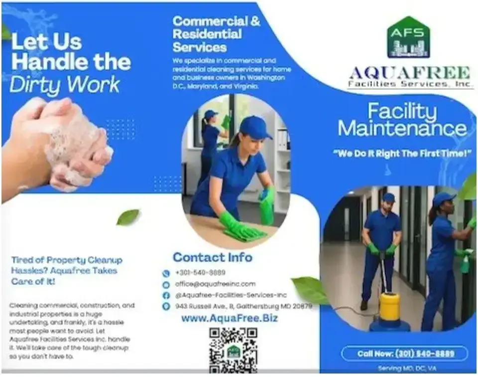 Blue-and-white Aqua Free facility maintenance ad with workers, cleaning services, and contact details