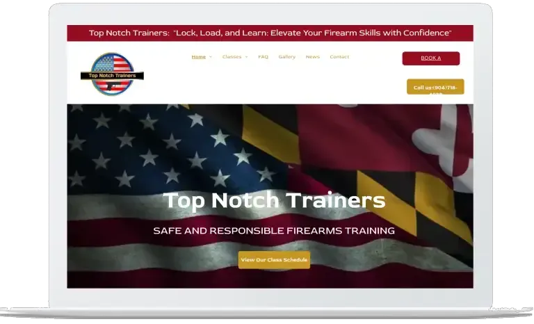 Top Notch Trainers website homepage with U.S. flag banner and red-and-gold branding