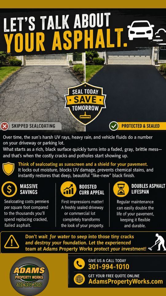 Asphalt paving ad with road repair photo, yellow-black text, and contact info for local contractors