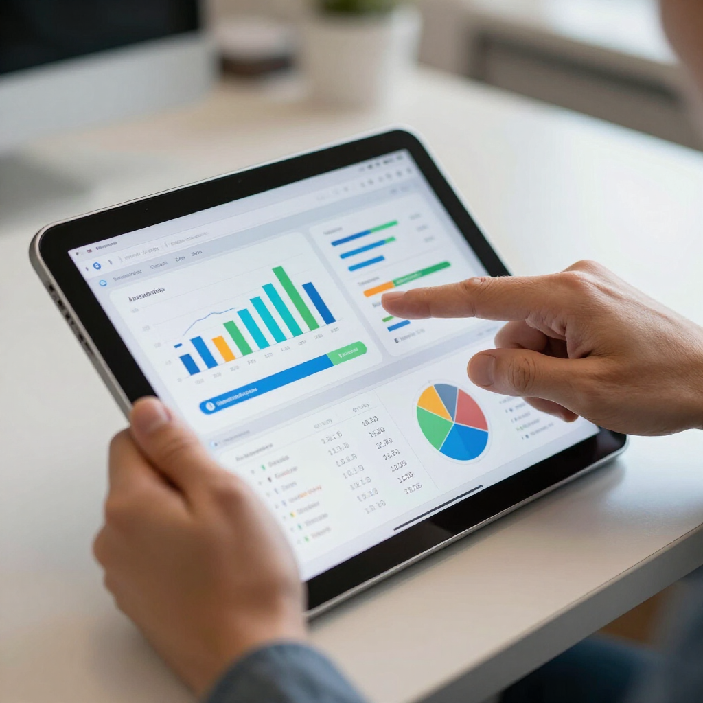 Hands using a tablet showing colorful business analytics charts and graphs on a desk