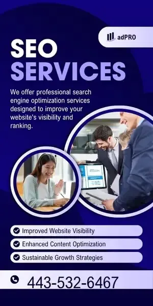 SEO services ad with blue background, website visibility claims, two people in circular photos, and phone number 443-532-6467
