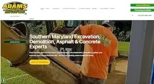 Website homepage for Adams excavation, showing workers in orange uniforms on a construction site.