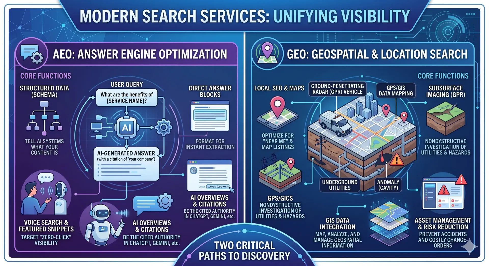 Infographic on modern search services, showing SEO and GEO optimization with diagrams on a blue-purple background