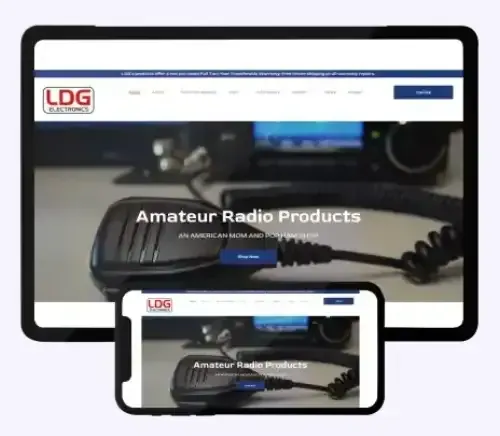 Website mockup on monitor and smartphone showing LDG Amateur Radio Products homepage