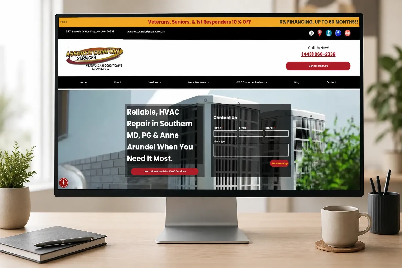 Homepage banner for Bay Area Land Services showing a yellow excavator clearing land, with mountains behind it.