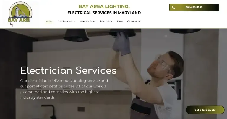 Website homepage for Bay Area Lighting and Electrical Services in Hayward, with an electrician working on a ceiling fixture