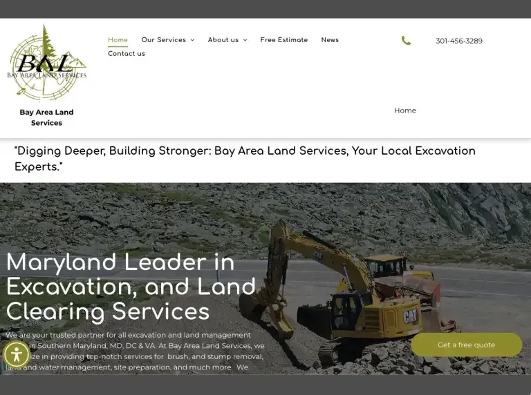 Homepage banner for Bay Area Land Services showing a yellow excavator clearing land, with mountains behind it.
