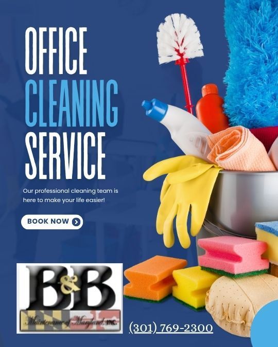 Office cleaning service ad with cleaning supplies, gloves, sponges, and a broom on blue background