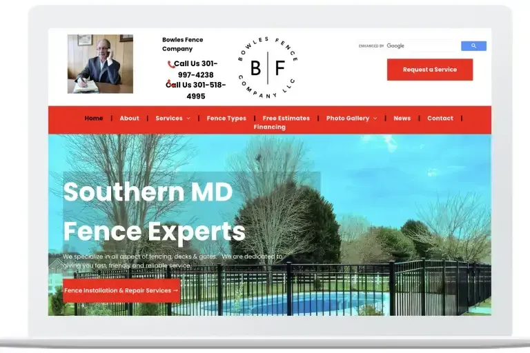 Website homepage for Southern MD Fence Experts with a fence hero image and red navigation menu