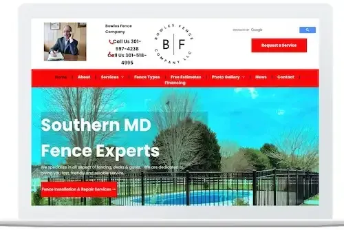 Homepage for Southern MD Fence Experts with fence photo, red navigation bar, and blue sky banner