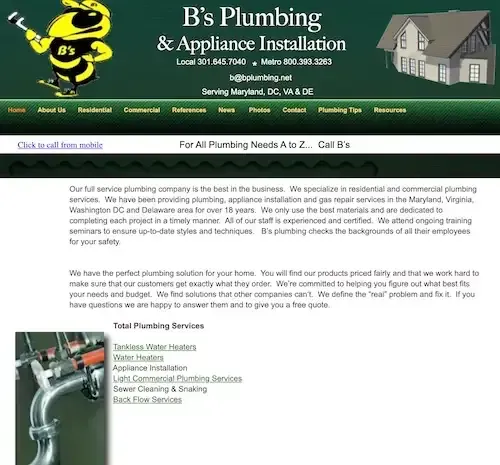B's Plumbing & Appliance Installation website homepage with green header, logo, and plumbing service text