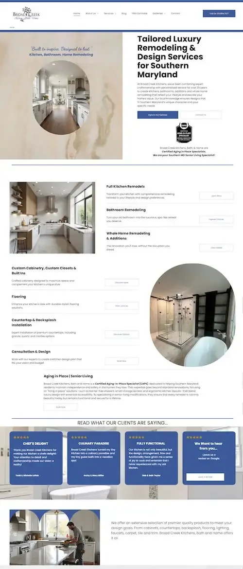 White bathroom design webpage with multiple shower and vanity photos and blue feature boxes
