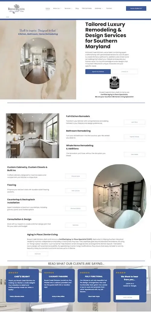 Website page showing a modern bedroom interior with blue content boxes and circular room photos