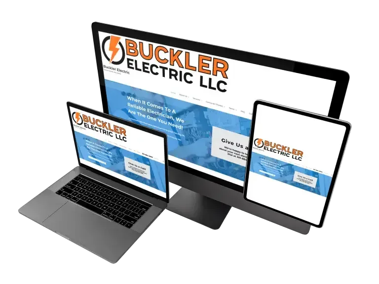 Brand mockup of Buckler Electric LLC on desktop, laptop, and tablet screens with orange and blue logo