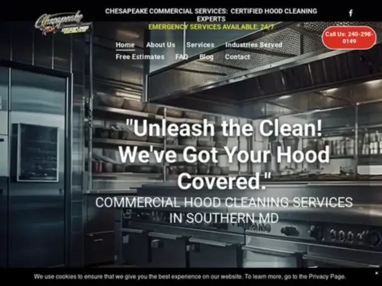 Commercial hood cleaning website banner with kitchen hood, “Unleash the Clean!” and service details.